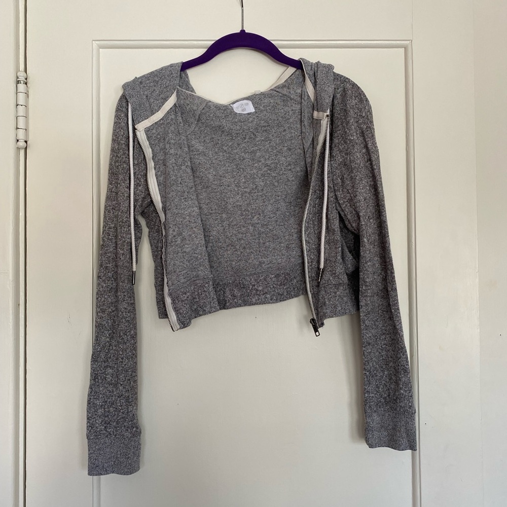 grey cropped zip-up lounge hoodie from Urban Outfitters, brand Out from Under